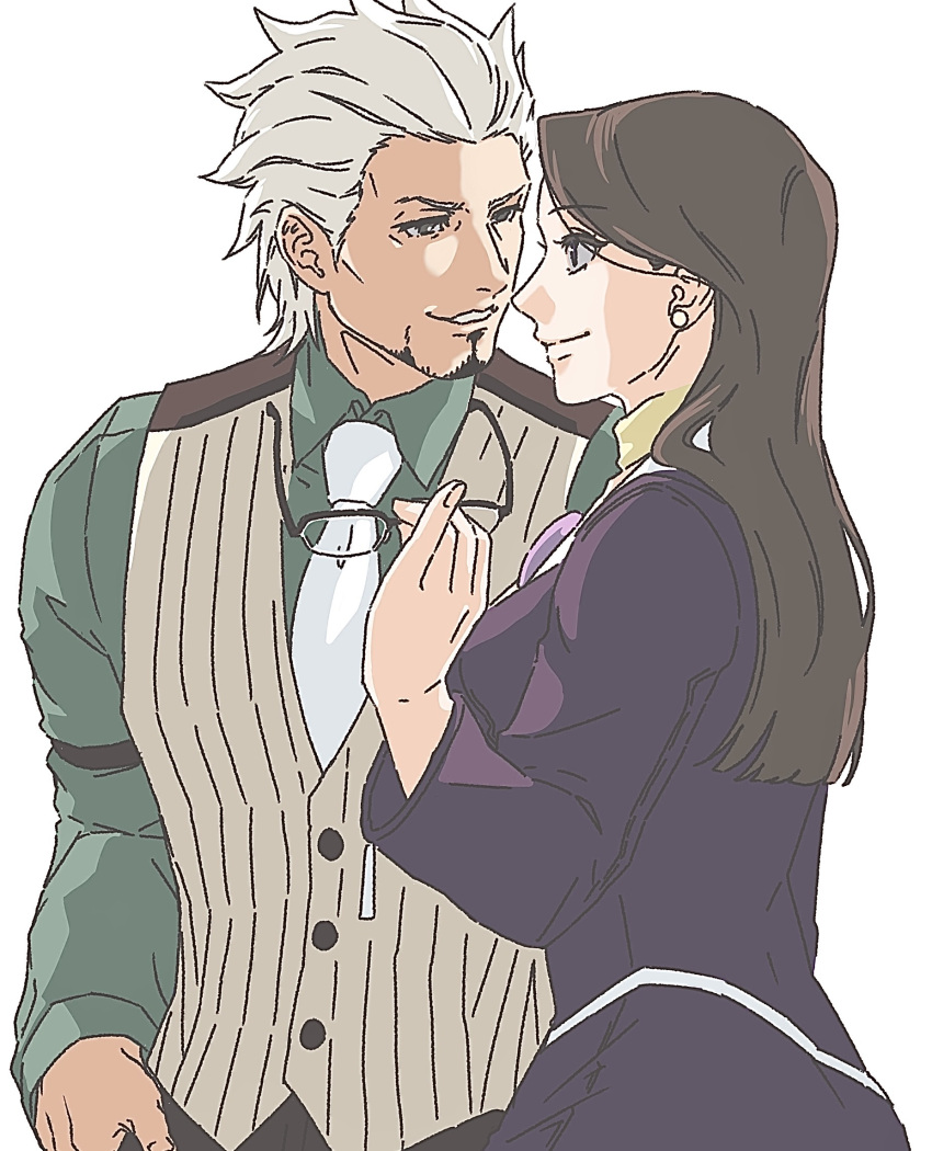 1boy 1girl ace_attorney brown_hair closed_mouth diego_armando earrings facial_hair formal green_shirt hand_on_hip hetero highres holding holding_eyewear jewelry lcageki long_hair long_sleeves looking_at_another mia_fey mole mole_under_mouth necktie phoenix_wright:_ace_attorney_-_trials_and_tribulations scarf shirt short_hair simple_background smile stubble suit vest white_background white_hair white_necktie