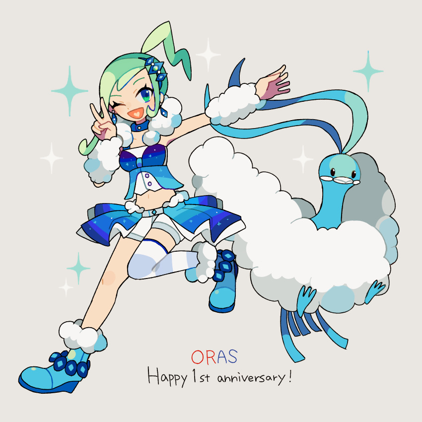 1girl altaria anniversary aqua_eyes aqua_hair arm_warmers asymmetrical_hair bird blue_choker blue_footwear boots breasts choker earrings eyelashes full_body grey_background hand_up heart heart_in_mouth highres jewelry leg_up lisia_(pokemon) long_hair looking_at_viewer medium_breasts navel overskirt pokemon pokemon_(creature) pokemon_(game) pokemon_oras shorts simple_background single_thighhigh solo sparkle striped striped_thighhighs thigh-highs v white_shorts yxyx_ika zettai_ryouiki