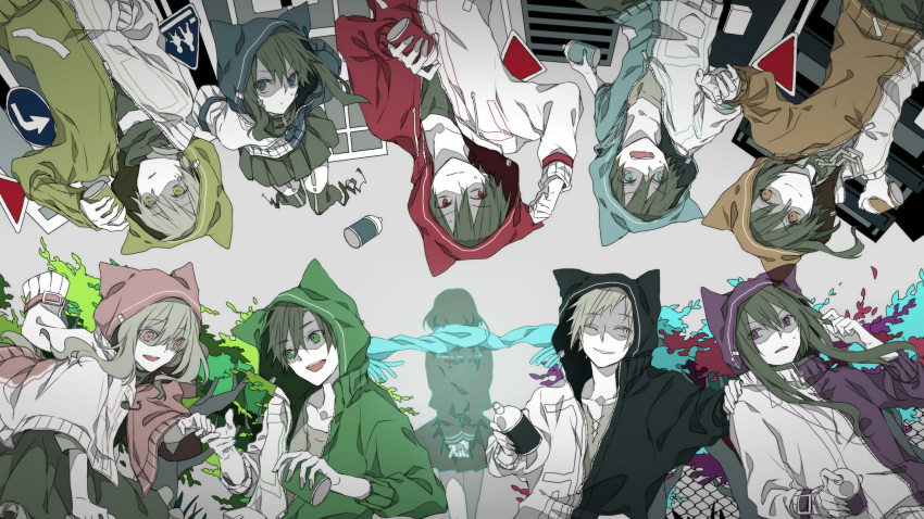 5boys 5girls alternate_color alternate_hair_color amamiya_hibiya animal_hood aqua_hoodie aqua_scarf arms_behind_back arrow_(symbol) bangs black_hair black_hoodie black_sailor_collar black_serafuku black_skirt blue_eyes blue_hoodie can casual cat_hood chain chain-link_fence collar commentary cropped_legs cross-laced_slit dress ene_(kagerou_project) facial_mark facing_away feet_out_of_frame fence from_above from_behind fujiori_(ayacoe727) green_eyes green_hair green_hoodie grey_background grey_collar grey_dress grey_hair grey_shirt grey_skirt grey_thighhighs hair_between_eyes hand_on_another's_shoulder highres holding holding_can holding_hands hood hood_up hoodie kagerou_project kano_shuuya kido_tsubomi kisaragi_momo kisaragi_shintarou konoha_(kagerou_project) kozakura_marry long_hair long_sleeves looking_at_another looking_at_viewer looking_away looking_to_the_side mekakucity_actors multicolored_background multiple_boys multiple_girls muted_color neck_warmer one_eye_closed open_mouth orange_hoodie parted_lips pedestrian_crossing_sign pink_eyes pink_hoodie pleated_skirt purple_hoodie red_eyes red_hoodie road_sign sailor_collar school_uniform serafuku seto_kousuke shaded_face shirt short_hair sign skirt sleeve_cuffs sleeves_past_elbows smile spray_paint stop_sign surprised sweat tateyama_ayano teeth thigh-highs triangle turn_left_sign two-tone_hoodie upper_body upper_teeth_only upside-down violet_eyes wavy_mouth white_hoodie yellow_eyes yellow_hoodie