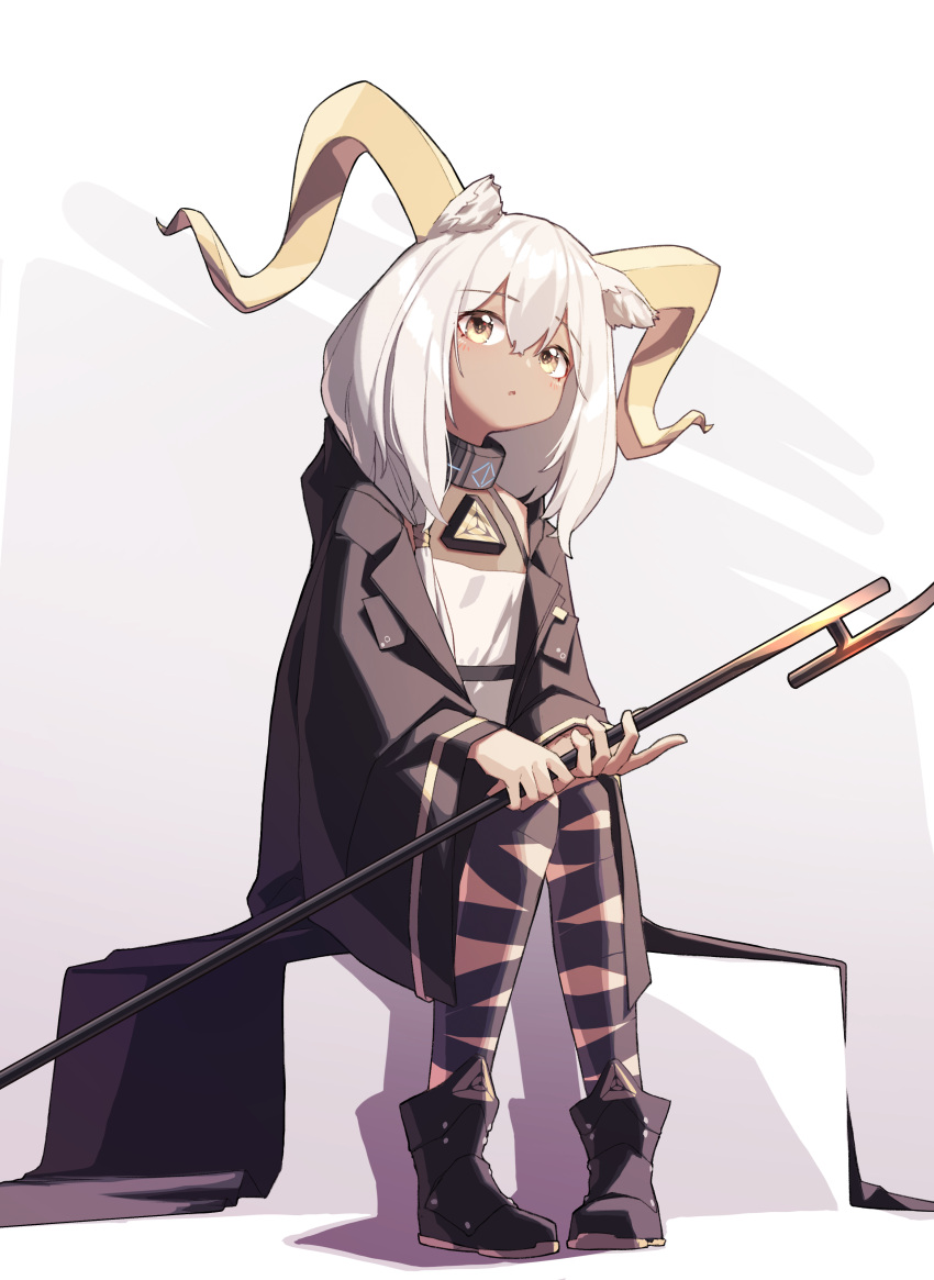 1girl absurdres animal_ears ankle_boots arknights bangs beeswax_(arknights) beudelb black_coat black_footwear blush boots coat collar dark-skinned_female dark_skin dress full_body goat_ears goat_girl goat_horns grey_hair highres holding holding_staff horns leg_ribbon long_hair long_sleeves looking_at_viewer open_clothes open_coat parted_lips ribbon sitting solo staff white_dress wide_sleeves yellow_eyes