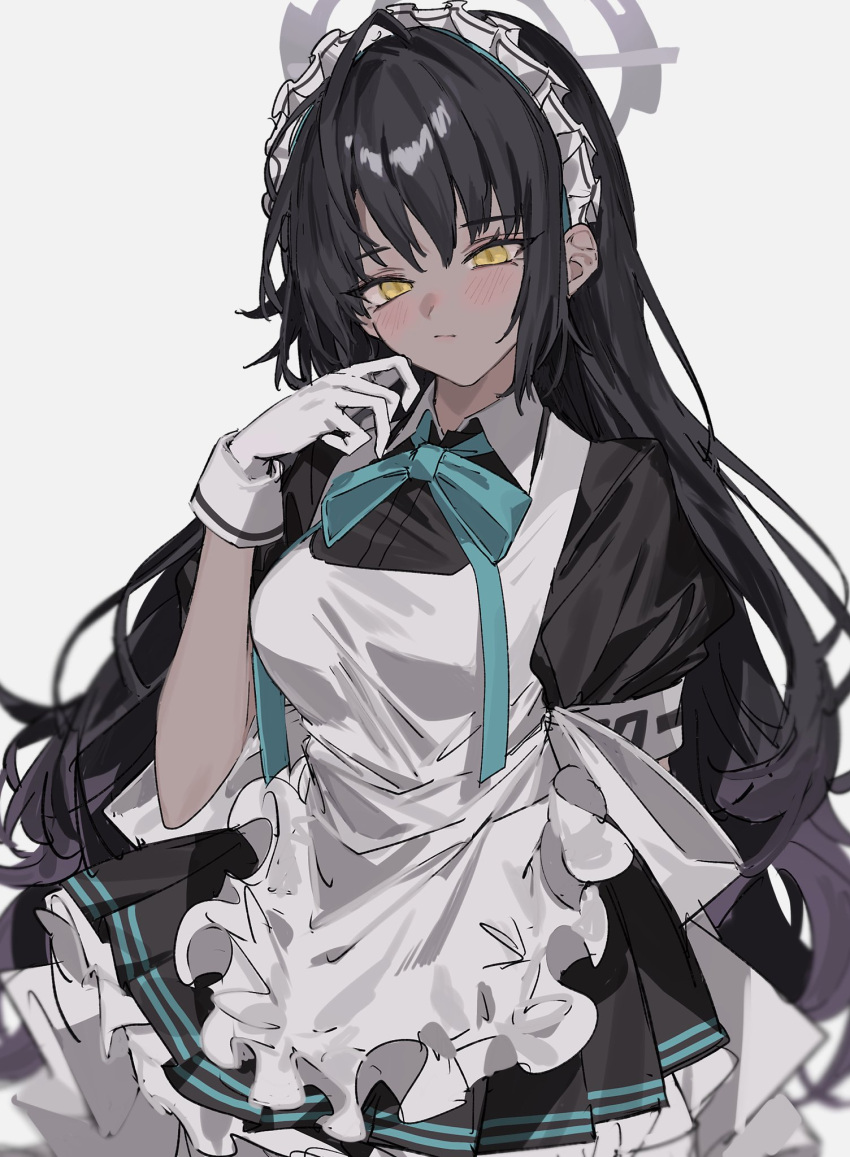 1girl aogisa apron arm_behind_back black_hair blue_archive blue_bow blue_bowtie blush bow bowtie closed_mouth cowboy_shot dark-skinned_female dark_skin frilled_apron frills gloves halo highres karin_(blue_archive) long_hair looking_at_viewer maid_apron maid_headdress simple_background solo white_apron white_background white_gloves yellow_eyes