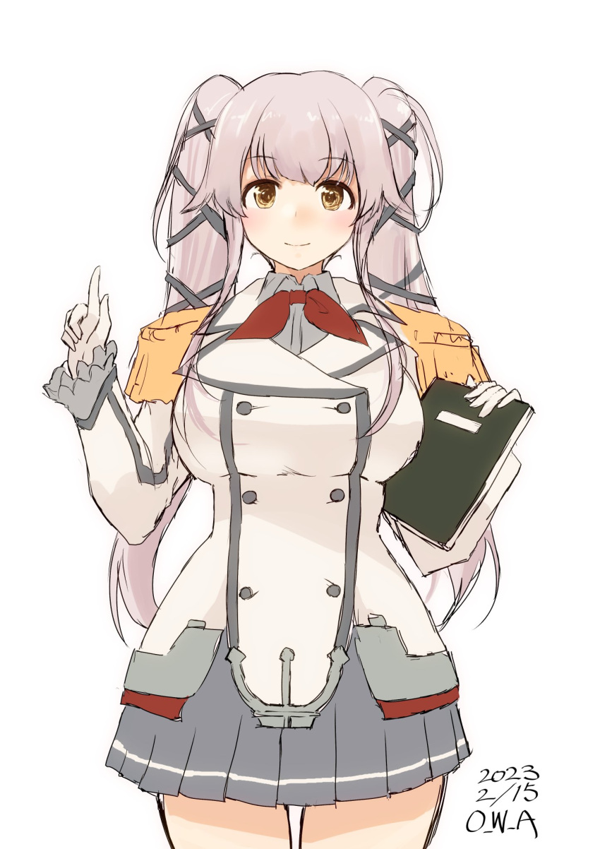 1girl alternate_breast_size alternate_costume artist_name blush buttons cosplay cowboy_shot double-breasted epaulettes frilled_sleeves frills gloves green_eyes grey_skirt hair_ribbon highres holding holding_notebook jacket kantai_collection kashima_(kancolle) kashima_(kancolle)_(cosplay) long_hair military military_jacket military_uniform miniskirt neckerchief notebook one-hour_drawing_challenge owa_(ishtail) pink_hair pleated_skirt ponytail red_neckerchief ribbon simple_background skirt solo twintails uniform very_long_hair white_background white_gloves white_jacket yura_(kancolle)