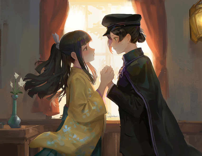 2girls ace_attorney black_capelet black_hair black_jacket capelet curtains floral_print flower holding_hands indoors jacket japanese_clothes kimono long_hair looking_at_another multiple_girls ponytail qosic rei_membami short_hair susato_mikotoba table the_great_ace_attorney the_great_ace_attorney_2:_resolve vase window yellow_kimono