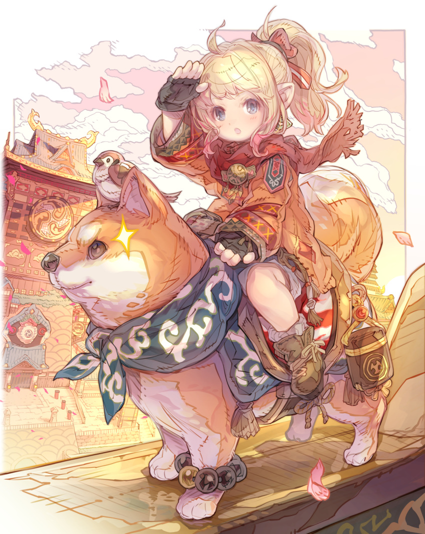 1girl :o ahoge animal arm_up bangs bird black_gloves blonde_hair blue_eyes blush bow brown_coat brown_footwear character_request clouds coat commentary_request dog final_fantasy final_fantasy_xiv fingerless_gloves gloves gradient_hair hair_bow haku_(sabosoda) highres long_sleeves looking_at_viewer multicolored_hair outdoors parted_lips pink_hair pointy_ears ponytail red_bow ribbed_legwear riding shoes shorts sidelocks sleeves_past_wrists socks solo sparkle white_shorts white_socks