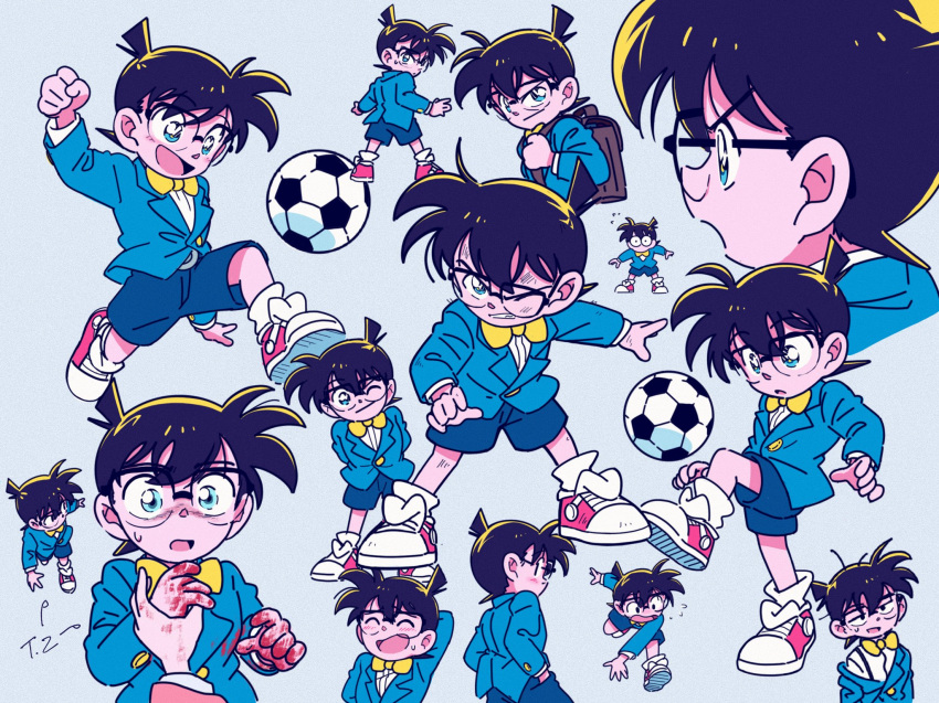 1boy bleu_calire blue_eyes blue_suit bow brown_hair child commentary commentary_request edogawa_conan formal glasses highres male_child male_focus meitantei_conan one_eye_closed red_footwear shorts simple_background solo suit yellow_bow