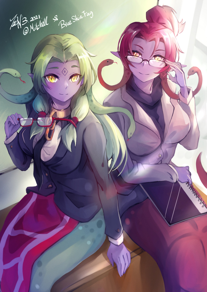 2girls absurdres blazer breasts chalkboard classroom closed_mouth colored_skin commission echidna_(monster_girl_encyclopedia) facial_mark forehead_mark glasses green_hair highres holding holding_eyewear jacket lamia long_hair looking_at_viewer monster_girl monster_girl_encyclopedia multiple_girls necktie original pointy_ears ponytail purple_skin redhead removing_eyewear school_uniform shirt sitting smile snake snake_hair table teacher white_shirt yellow_eyes zee_n3