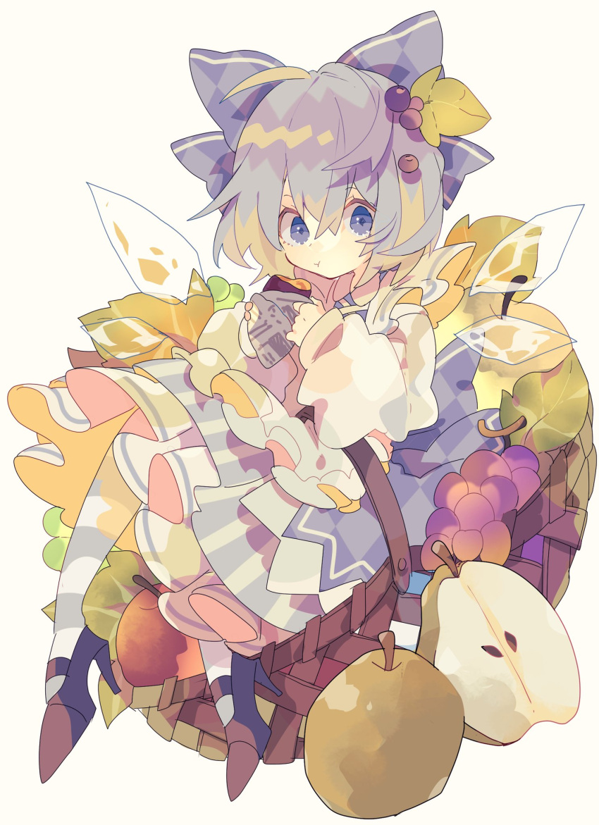 1girl :t adapted_costume apple apron baked_potato bangs basket blue_bow blue_dress blue_eyes blue_footwear blue_hair blue_pantyhose bow cirno closed_mouth commentary dress eating food fruit full_body hair_bow hair_ornament high_heels highres ice ice_wings leaf_hair_ornament long_sleeves looking_at_viewer medium_hair nikorashi-ka pantyhose pear shirt simple_background solo striped striped_pantyhose touhou two-tone_pantyhose white_apron white_background white_pantyhose white_shirt wings