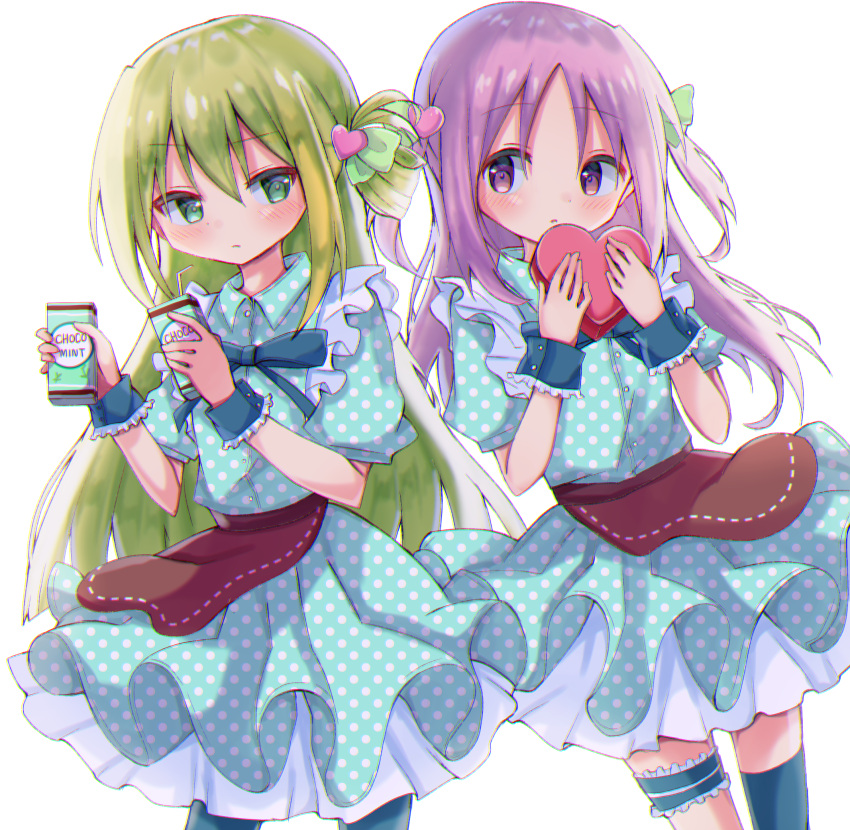 2girls alina_gray alternate_costume apron bangs blue_dress blush closed_mouth collared_dress dot_nose dress green_eyes green_hair hair_between_eyes hair_ornament heart highres holding long_hair looking_at_another magia_record:_mahou_shoujo_madoka_magica_gaiden mahou_shoujo_madoka_magica matching_outfit misono_karin multicolored_hair multiple_girls nekokawa21 parted_bangs polka_dot polka_dot_dress puffy_short_sleeves puffy_sleeves purple_hair short_sleeves sidelocks simple_background single_hair_ring straight_hair streaked_hair two_side_up very_long_hair violet_eyes waist_apron white_background wrist_cuffs