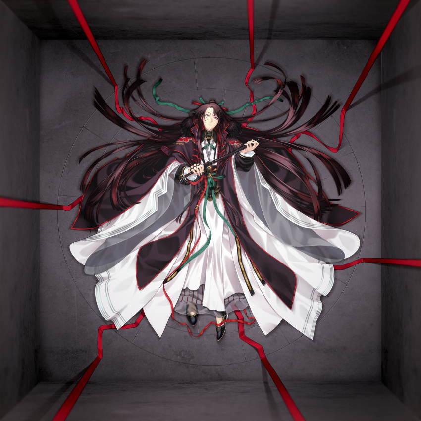 1boy absurdres bangs black_cape black_footwear black_hair black_sash brass_knuckles cape chinese_clothes closed_mouth expressionless fate/grand_order fate_(series) flats from_above full_body green_ribbon hair_bun hair_ribbon hair_spread_out half_updo hanfu highres holding holding_wand layered_sleeves long_hair looking_at_viewer lying male_focus on_back on_floor parted_bangs red_ribbon ribbon rkp robe sash see-through shoes single_hair_bun solo stone_floor stone_wall tai_gong_wang_(fate) tassel very_long_hair violet_eyes wall wand weapon white_robe wide_sleeves