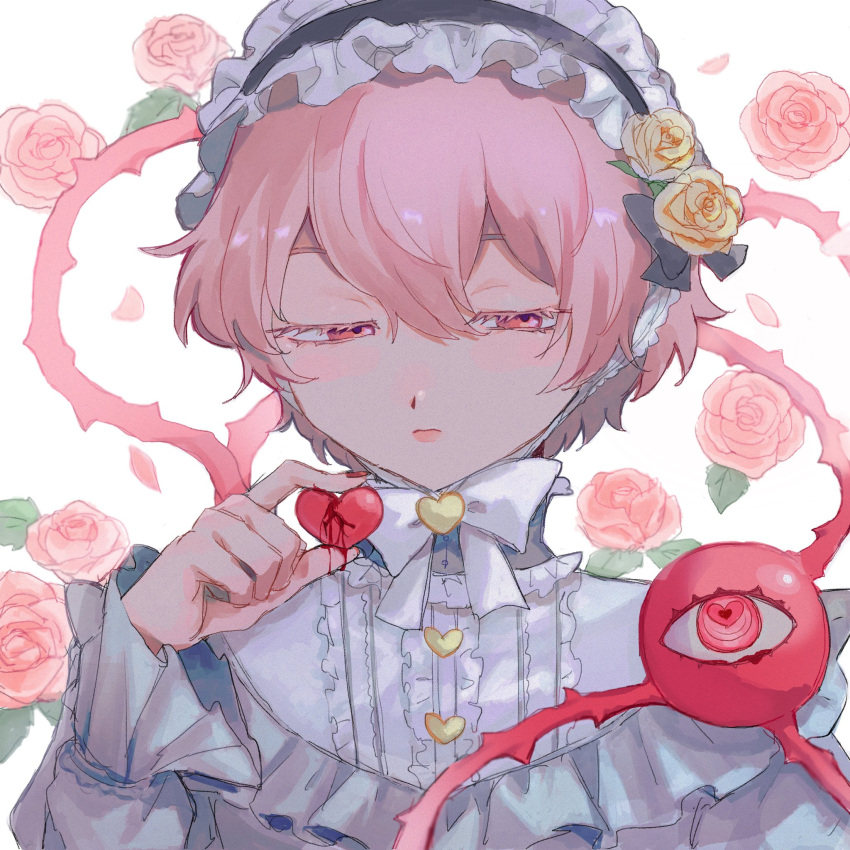 1girl alternate_costume bangs blood bow bowtie center_frills closed_mouth commentary_request flower frilled_hairband frilled_sleeves frills hair_flower hair_ornament hairband half-closed_eyes hand_up heart heart-shaped_pupils highres holding holding_heart komeiji_satori looking_at_viewer pink_eyes pink_flower pink_hair pink_nails pink_rose plumapple3 rose shirt short_hair solo symbol-shaped_pupils third_eye thorns touhou white_background white_bow white_bowtie white_hairband white_shirt yellow_flower yellow_rose