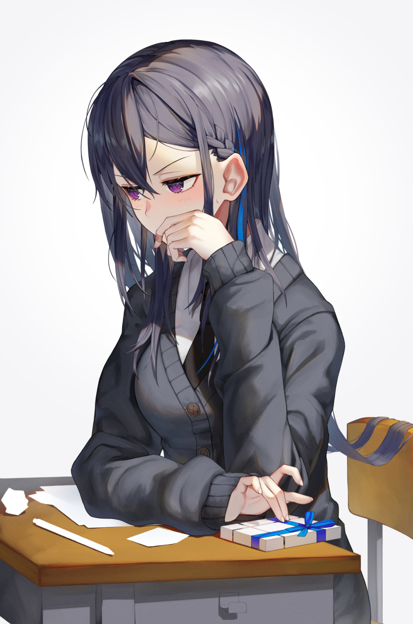 1girl bandaged_fingers bandages bandaid bandaid_on_hand bangs black_cardigan black_hair black_necktie blue_hair blue_ribbon blush box braid breasts cardigan chair collared_shirt covering_mouth crossed_bangs crumpled_paper desk frown gift gift_box hair_between_eyes hair_over_breasts hand_on_table hand_over_own_mouth highres ichinose_uruha long_hair long_sleeves looking_away lupinus_virtual_games medium_breasts multicolored_hair necktie papers pen ribbon school_chair school_desk shioneko_(0202) shirt sidelocks simple_background sitting sleeves_past_wrists solo streaked_hair sweatdrop valentine very_long_hair violet_eyes virtual_youtuber vspo! white_background white_shirt