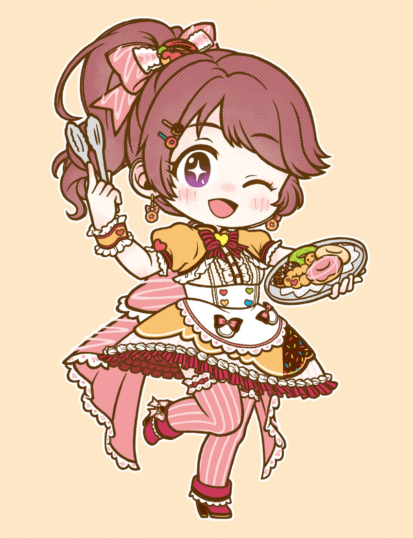 1girl absurdres blush brown_hair doughnut doughnut_earrings dress earrings food food-themed_earrings food-themed_hair_ornament hair_ornament hairclip high_heels highres holding_tongs idolmaster idolmaster_cinderella_girls idolmaster_cinderella_girls_starlight_stage jewelry open_mouth ponytail shiina_noriko short_sleeves solo sparkling_eyes sprinkles standing standing_on_one_leg striped striped_thighhighs syoko66 thigh-highs tongs vertical-striped_thighhighs vertical_stripes wrist_cuffs
