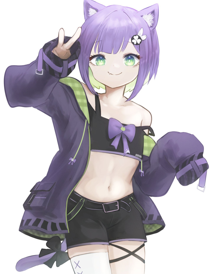 1girl aiv animal_ear_fluff animal_ears black_shirt black_shorts cat_ears cat_girl cat_tail colored_inner_hair commission crop_top cropped_shirt fang fang_out green_eyes green_hair highres hood hooded_jacket indie_virtual_youtuber jacket long_sleeves looking_at_viewer multicolored_hair off_shoulder open_clothes open_jacket purple_hair purple_jacket second-party_source shirt short_hair shorts shwaa single_thighhigh skeb_commission sleeves_past_fingers sleeves_past_wrists smile tail thigh-highs v virtual_youtuber white_thighhighs