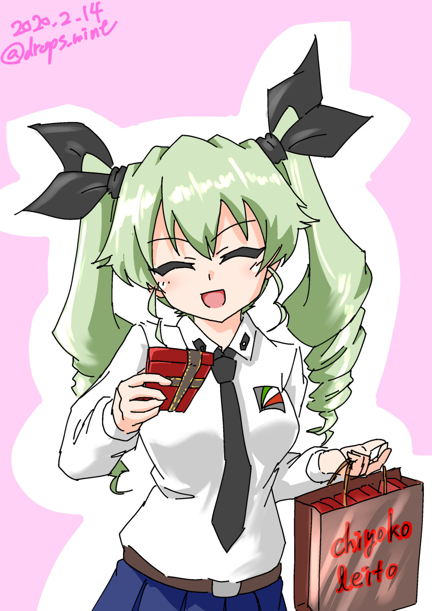 1girl absurdres anchovy_(girls_und_panzer) anzio_school_uniform bag bangs belt black_belt black_necktie black_ribbon black_skirt commentary dated dress_shirt drill_hair drops_mint emblem facing_viewer gift girls_und_panzer giving green_hair grocery_bag hair_ribbon highres holding holding_bag holding_gift long_hair long_sleeves necktie open_mouth pleated_skirt ribbon school_uniform shirt shopping_bag skirt smile solo standing twin_drills twintails valentine white_shirt wing_collar