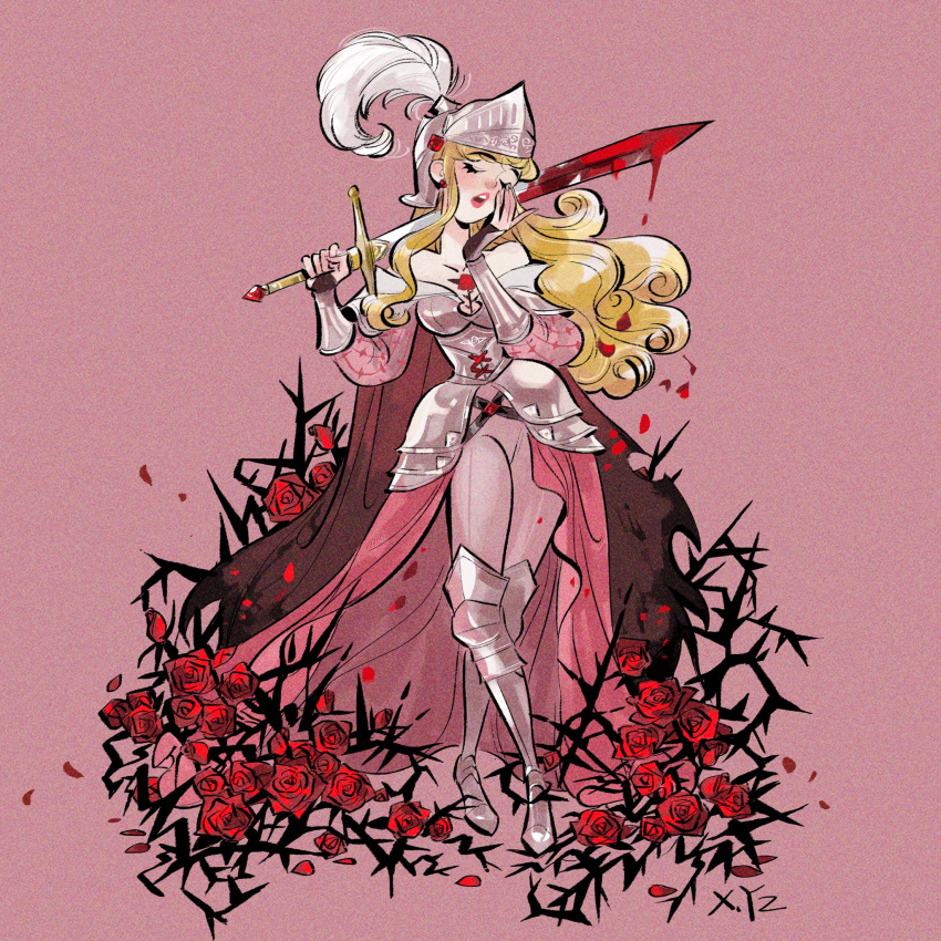 1girl armor blonde_hair blood blood_on_weapon briar closed_eyes flower highres holding holding_sword holding_weapon kiddo_hah long_hair open_mouth over_shoulder pink_background red_flower red_rose rose simple_background sleeping_beauty sleeping_beauty_(character) sword teeth upper_teeth_only vambraces weapon weapon_over_shoulder