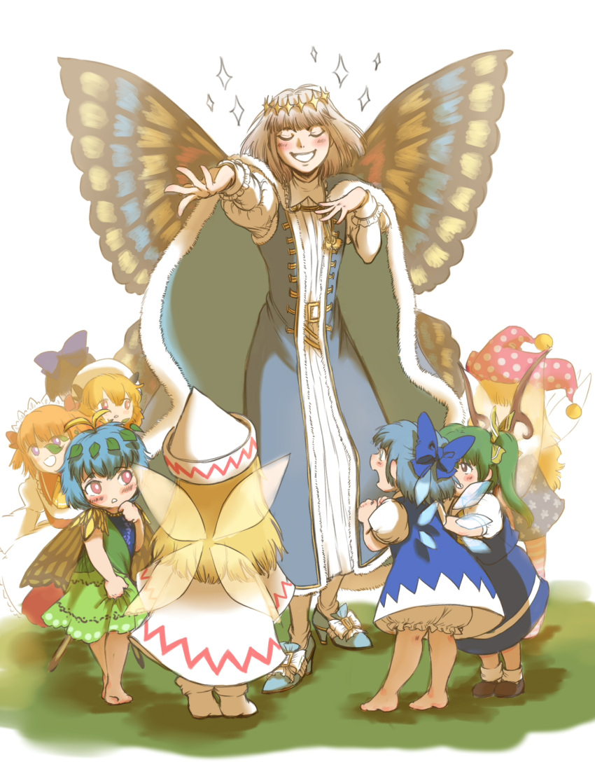 1boy 6+girls american_flag_dress american_flag_legwear antennae aqua_hair barefoot black_footwear black_hair blonde_hair bloomers blue_bow blue_dress blue_hair blue_skirt blue_vest blush bow butterfly_wings chinese_commentary cirno closed_eyes clownpiece crossover daiyousei dress eternity_larva fairy fairy_wings fate/grand_order fate_(series) green_dress green_hair hair_bow hat headdress highres ice ice_wings jester_cap leaf leaf_on_head lily_white long_hair lubisama luna_child multicolored_clothes multicolored_dress multiple_girls oberon_(fate) open_mouth pantyhose pink_headwear polka_dot polka_dot_headwear puffy_short_sleeves puffy_sleeves red_eyes shirt shoes short_hair short_sleeves side_ponytail skirt smile socks star_sapphire striped striped_dress striped_pantyhose sunny_milk touhou two_side_up underwear vest violet_eyes white_bloomers white_dress white_hair white_headwear white_shirt white_socks wings
