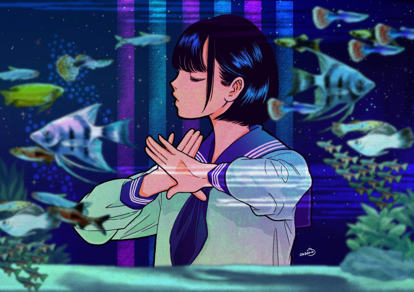 1girl bangs black_hair blue_neckerchief blue_sailor_collar blurry blurry_foreground chacapocopom closed_eyes curtains fish hands_up highres indoors long_sleeves neckerchief original profile sailor_collar shirt short_hair signature solo white_shirt