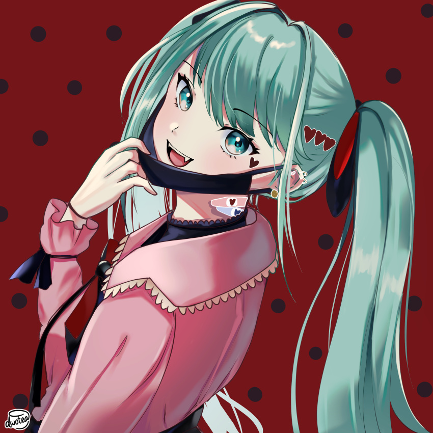 1girl absurdres aqua_eyes aqua_hair artist_logo artist_name bangs black_mask black_ribbon black_shirt bracelet collared_jacket commentary dark_background dutch_angle dwotea ear_piercing earrings english_commentary facial_mark fangs hair_ornament hair_ribbon hatsune_miku heart heart_facial_mark heart_hair_ornament highres jacket jewelry lace-trimmed_collar lace_trim long_hair long_sleeves looking_at_viewer mask mask_pull mouth_mask neck_ribbon open_mouth outline piercing pink_jacket polka_dot polka_dot_background red_background ribbon shirt smile solo stud_earrings teeth tsurime upper_body upper_teeth_only vampire_(vocaloid) vocaloid white_outline