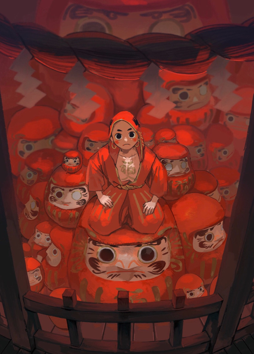 1boy black_eyes daruma_doll earrings highres hood hood_up hoop_earrings jewelry koma1-nu looking_at_viewer original red_robe red_theme robe sitting solo traditional_youkai wide_shot