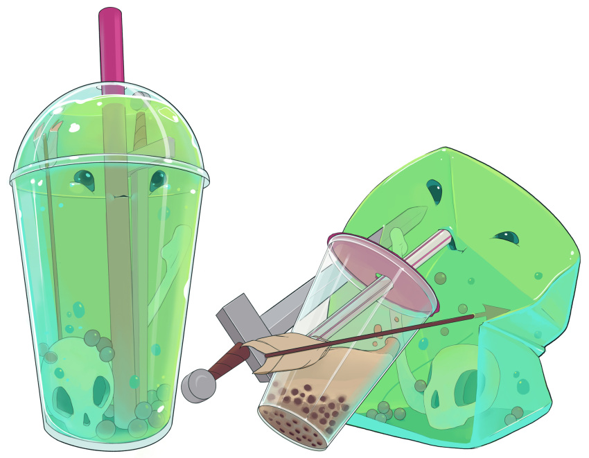 arrow_(projectile) bubble_tea cup disposable_cup drinking drinking_straw highres in_container lauren_walsh simple_background skull slime_(creature) sword weapon white_background