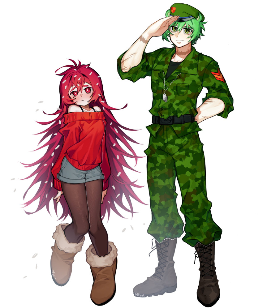 1boy 1girl animal_ears belt beret black_belt black_footwear black_shirt boots brown_footwear camouflage camouflage_jacket camouflage_pants denim denim_shorts dog_tags flaky_(happy_tree_friends) flippy_(happy_tree_friends) full_body fur_boots fur_trim green_eyes green_hair happy_tree_friends hat height_difference highres jacket long_hair looking_at_viewer mary_felizola military military_uniform pants pantyhose red_eyes red_sweater redhead salute scar scar_on_arm shirt shorts simple_background smile standing sweater ugg_boots uniform very_long_hair white_background