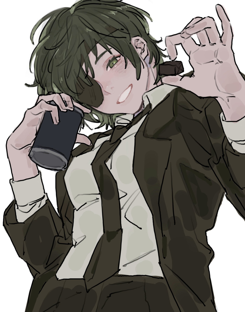 1girl bangs black_hair black_jacket black_necktie black_pants chainsaw_man collared_shirt cup formal green_eyes highres himeno_(chainsaw_man) holding holding_cup jacket looking_at_viewer necktie pants parted_lips pecopecosupipi shirt shirt_tucked_in short_hair simple_background smile solo suit suit_jacket white_background white_shirt