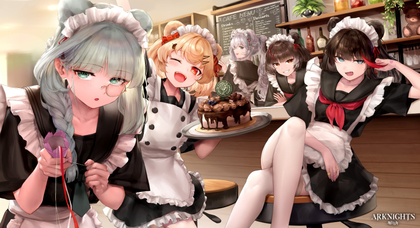 5girls absurdres alternate_costume animal_ears apron arknights bear_ears bear_girl black_hair blonde_hair brown_hair cafe cake ch'en_(arknights) chalkboard chocolate_cake english_text food gummy_(arknights) highres holding holding_tray ink. istina_(arknights) maid maid_apron maid_headdress monocle multiple_girls one_eye_closed plate rosa_(arknights) thigh-highs tray white_hair zima_(arknights)