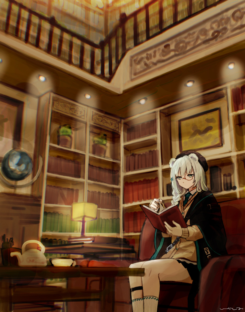 1girl animal_ears arknights bear_ears beret black_headwear black_jacket blue_necktie book braid brown_cardigan cardigan closed_mouth collared_shirt commentary_request couch feet_out_of_frame globe grey_hair hair_over_shoulder hat highres holding holding_book indoors istina_(arknights) jacket k-yosinori lamp library necktie on_couch open_book open_clothes open_jacket railing ribbed_legwear shirt single_braid socks solo white_shirt white_socks
