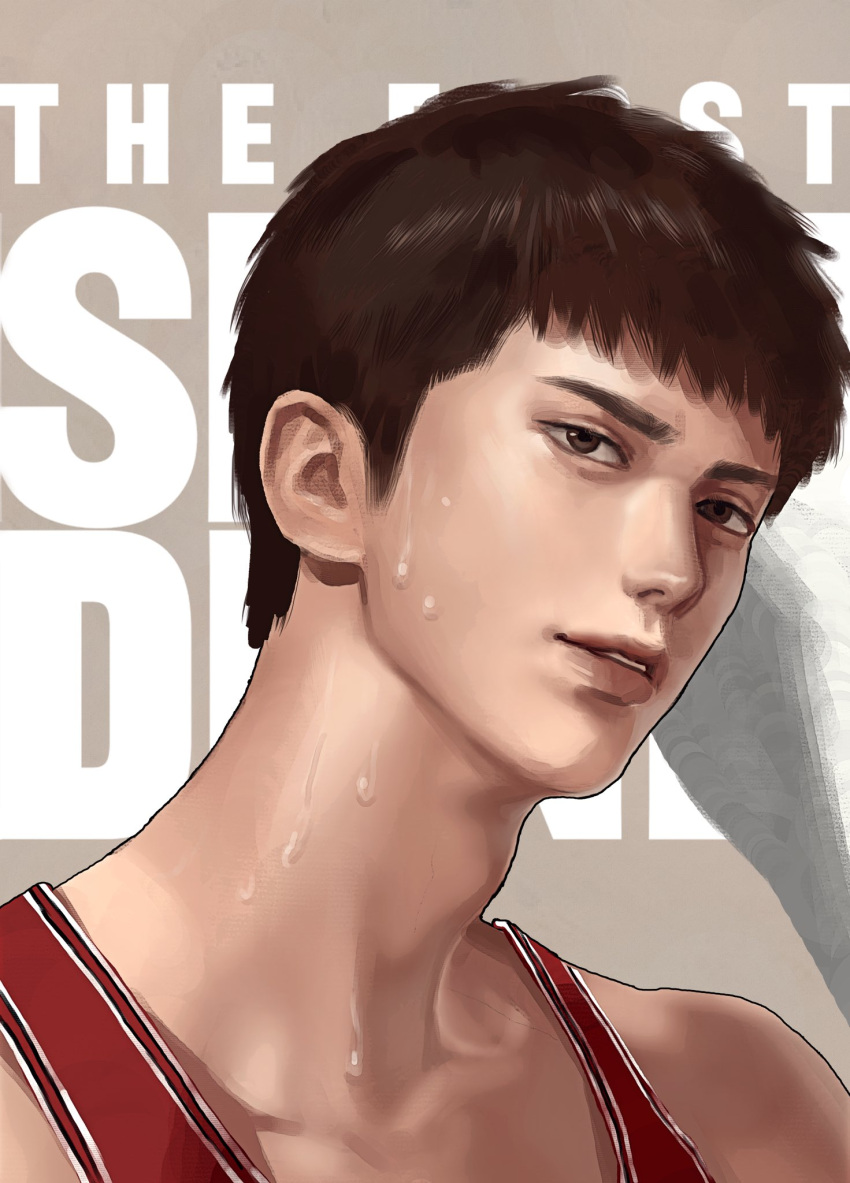 1boy basketball_jersey basketball_uniform blueship4985 brown_eyes brown_hair copyright_name english_text highres korean_commentary light_smile looking_at_viewer male_focus mitsui_hisashi parted_lips portrait red_shirt shirt short_hair simple_background slam_dunk_(series) sleeveless sleeveless_shirt solo sportswear sweat