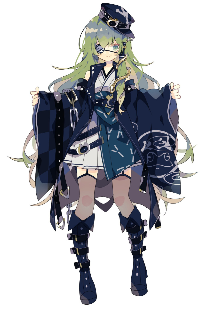 1girl bangs black_footwear black_headwear black_jacket boots chain closed_mouth clothing_cutout commentary eyepatch full_body garter_straps green_eyes green_hair hair_ornament highres jacket japanese_clothes kimono kochiya_sanae long_hair long_sleeves looking_at_viewer nikorashi-ka one_eye_covered open_clothes open_jacket shoulder_cutout simple_background single_hair_tube sleeves_past_wrists smile snake_hair_ornament solo touhou very_long_hair white_background white_kimono wide_sleeves