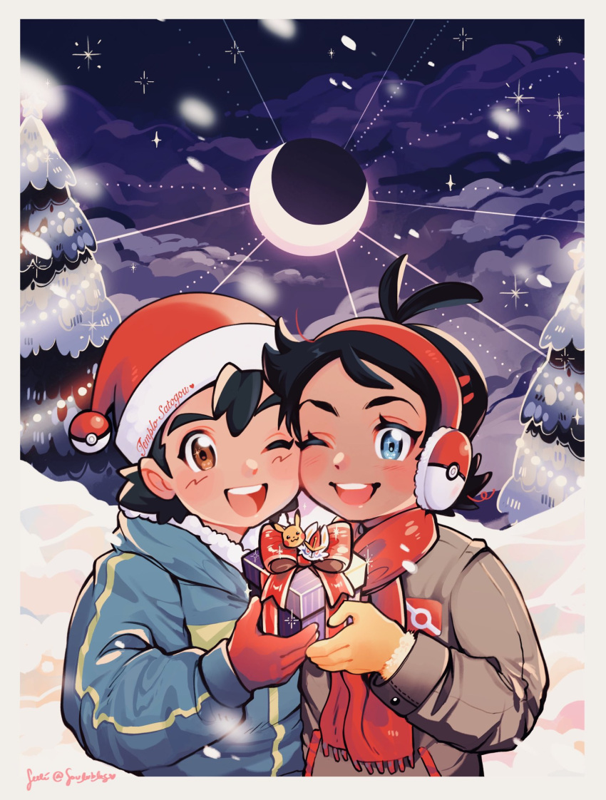 2boys ;d antenna_hair ash_ketchum bangs black_hair blue_eyes blush brown_eyes christmas clouds commentary crescent_moon earmuffs english_commentary gloves goh_(pokemon) hat highres holding hood hood_down hooded_jacket jacket male_focus moon multiple_boys night one_eye_closed open_mouth outdoors pokemon pokemon_(anime) pokemon_journeys red_gloves red_headwear red_scarf santa_hat scarf short_hair sky smile snow soulubles teeth tongue tree twitter_username upper_teeth_only watermark yellow_gloves