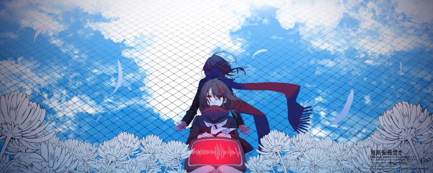 2girls bangs black_sailor_collar black_serafuku blue_sky brown_hair chain-link_fence clone clouds cloudy_sky eiku eyes_visible_through_hair facing_away feathers feet_out_of_frame fence field floating_hair flower flower_field frown hair_ornament hair_over_one_eye hairclip half-closed_eyes highres holding_television kagerou_project knees_together_feet_apart long_sleeves looking_at_viewer multiple_girls neckerchief outdoors parted_lips red_eyes red_scarf sailor_collar scarf school_uniform serafuku signature sitting sky sound_wave standing tateyama_ayano twitter_username web_address white_flower white_neckerchief wide_shot