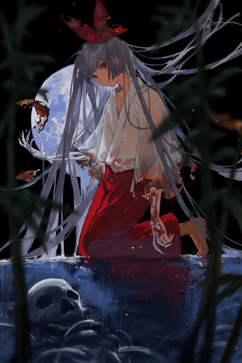 1girl :/ absurdly_long_hair absurdres bangs barefoot blunt_bangs bow burnt burnt_clothes closed_mouth collarbone fujiwara_no_mokou full_body full_moon grey_hair hair_bow hice_hideice highres injury kneeling long_hair long_sleeves looking_at_viewer moon pants red_bow red_eyes red_pants reflection ribs shirt skeletal_arm skull solo touhou very_long_hair white_shirt