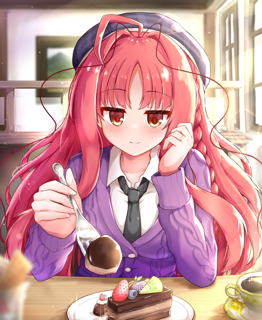 1girl absurdres ahoge bangs beret black_headwear black_necktie blush braid breasts bright_pupils cafe cake cake_slice closed_mouth coffee_cup collared_shirt commentary cup disposable_cup dracu-riot! elbows_on_table eyelashes fingernails food fork fruit glint hair_intakes hakutocake hat highres holding holding_fork incoming_food indoors jewelry large_breasts light_particles long_hair long_sleeves necktie parted_bangs pov purple_sweater redhead ring shirt sidelighting sidelocks single_braid smile solo sparkle strawberry sweater very_long_hair wavy_hair wedding_ring white_shirt window yarai_miu yellow_eyes yuzu-soft