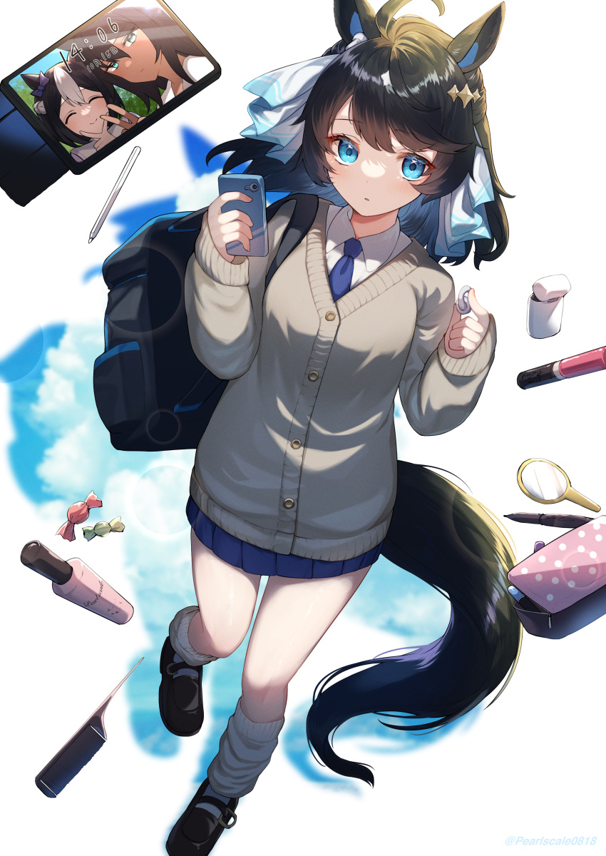 3girls absurdres ahoge alternate_costume animal_ears bag bangs black_hair blue_necktie blue_skirt blush breasts cardigan cellphone closed_eyes closed_mouth collared_shirt commentary_request daring_tact_(umamusume) earphones grey_cardigan hair_ornament highres holding holding_phone horse_ears horse_girl horse_tail looking_at_viewer medium_breasts medium_hair multiple_girls necktie parted_lips phone pinponpaaru pleated_skirt school_bag school_uniform shirt simple_background skirt sleeves_past_wrists small_breasts special_week_(umamusume) standing standing_on_one_leg symboli_kris_s_(umamusume) tail umamusume white_background white_shirt
