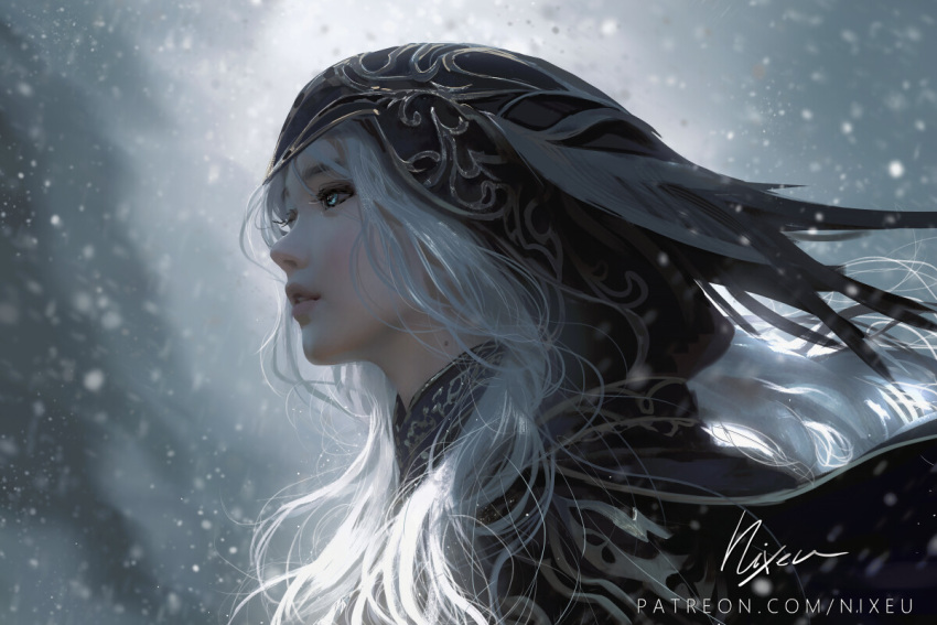 1girl ashe_(league_of_legends) blue_eyes cape floating_hair hood hood_up hooded_cape league_of_legends looking_afar looking_ahead nixeu parted_lips signature snow snowing white_hair