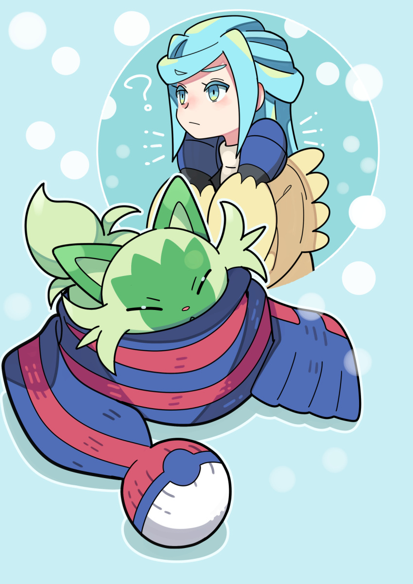 1boy ? blue_mittens closed_eyes closed_mouth commentary_request green_eyes green_hair grusha_(pokemon) highres jacket male_focus medium_hair notice_lines pokemon pokemon_(creature) pokemon_(game) pokemon_sv scarf shirt sprigatito striped striped_scarf sutokame yellow_jacket