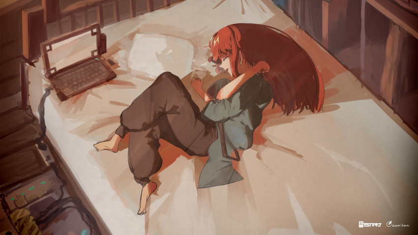 1girl absurdres artist_name barefoot bed black_pants computer crossed_arms from_above highres indoors laptop lying on_side original ozumikan pants pillow power_strip redhead sleeping solo wooden_floor