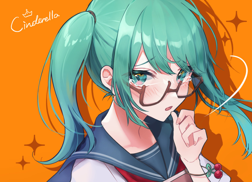 1girl aqua_eyes aqua_hair bespectacled blue_sailor_collar book bracelet brown-framed_eyewear cherry cinderella_(vocaloid) crown fingernails food fruit glasses hair_between_eyes hair_tie hatsune_miku highres holding holding_book jewelry lineart looking_at_viewer looking_over_eyewear neckerchief orange_background parted_lips rectangular_eyewear red_neckerchief sailor_collar school_uniform semi-rimless_eyewear serafuku shadow simple_background soda_dokka_ikou solo song_name tearing_up tears twintails under-rim_eyewear upper_body vocaloid white_serafuku