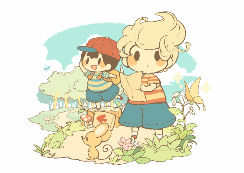 2boys :d :o arm_up arrow_(symbol) backpack bag baseball_cap black_hair blonde_hair blue_shirt blue_shorts blue_sky blush blush_stickers bug butterfly clouds commentary_request day exit_mouse_(mother) flower forest frog grass hat hitofutarai holding holding_map leg_up looking_at_viewer lucas_(mother_3) male_focus map mother_(game) mother_2 mother_3 mouse multicolored_clothes multiple_boys mushroom nature ness_(mother_2) open_mouth outdoors parted_lips path plant quiff red_headwear red_shirt shirt short_hair short_sleeves shorts sideways_hat simple_background sky smile socks solid_oval_eyes sparkle standing standing_on_one_leg striped striped_shirt t-shirt tree tree_stump two-tone_shirt ufo white_background white_socks yellow_shirt