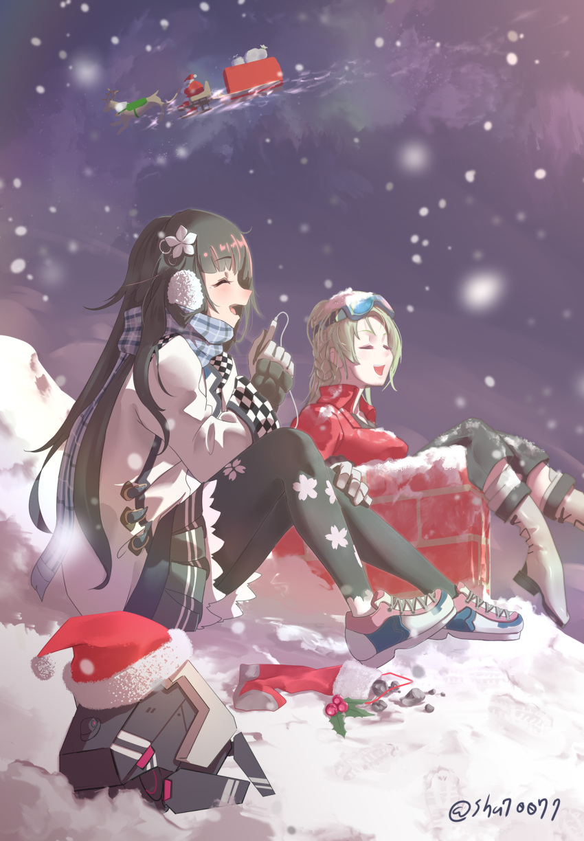 2girls black_hair blue_scarf boots chimney christmas christmas_stocking closed_eyes coal coat digital_media_player dinergate_(girls'_frontline) earmuffs floral_print fp-6_(girls'_frontline) fp-6_(satellite_of_love)_(girls'_frontline) girls_frontline gloves goggles goggles_on_head green_hair hat highres long_hair multiple_girls official_alternate_costume open_mouth pantyhose plaid plaid_scarf pleated_skirt red_coat reindeer rooftop santa_claus santa_hat scarf shoes shu70077 sitting skirt sleigh smile sneakers snow snowing twitter_username type_100_(girls'_frontline) type_100_(treasure_buried_deep_within)_(girls'_frontline) white_coat winter winter_clothes
