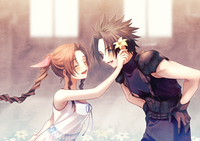 1boy 1girl aerith_gainsborough armor bangs bare_shoulders black_gloves black_hair blue_eyes blush braid braided_ponytail brown_hair closed_eyes commentary_request couple crisis_core_final_fantasy_vii dress final_fantasy final_fantasy_vii flower gloves hair_flower hair_ornament hair_ribbon hands_on_hips happy height_difference hetero highres indoors long_hair open_mouth parted_bangs pink_ribbon ribbed_sweater ribbon shoulder_armor sidelocks sleeveless sleeveless_dress spiky_hair sweater tomato_(otom67) turtleneck turtleneck_sweater twitter_username yellow_flower zack_fair