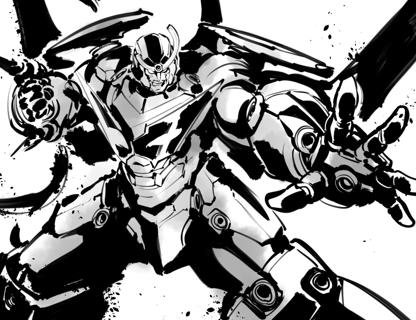 1other drill gurren-lagann highres ishiyumi kamina_shades mecha monochrome no_humans open_mouth robot solo super_robot tengen_toppa_gurren_lagann weapon