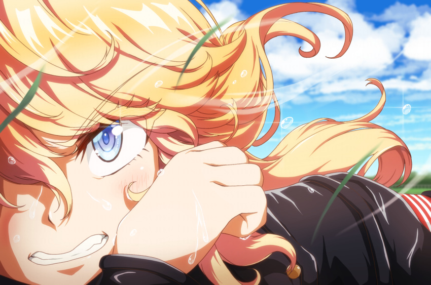 1girl black_jacket blonde_hair blue_eyes blurry blurry_background clenched_teeth close-up gold_city_(umamusume) grass highres insein jacket long_hair sweat teeth umamusume wind wiping_sweat