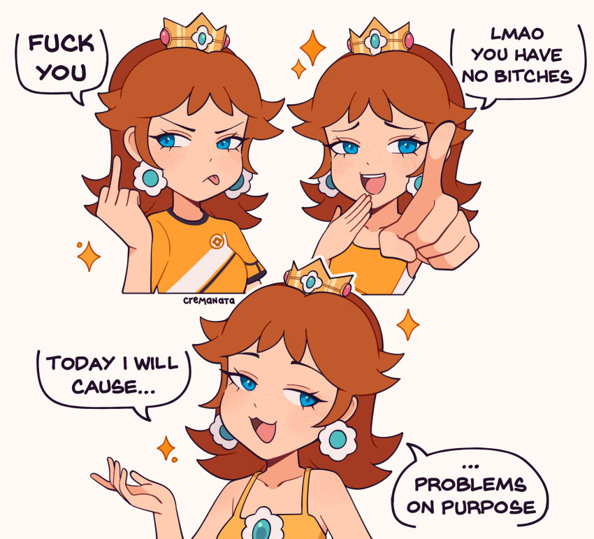 1girl blue_eyes brown_hair cremanata crown earrings english_text highres jewelry medium_hair middle_finger open_mouth orange_shirt pointing princess_daisy shirt simple_background speech_bubble super_mario_bros. teeth tongue tongue_out upper_teeth_only white_background