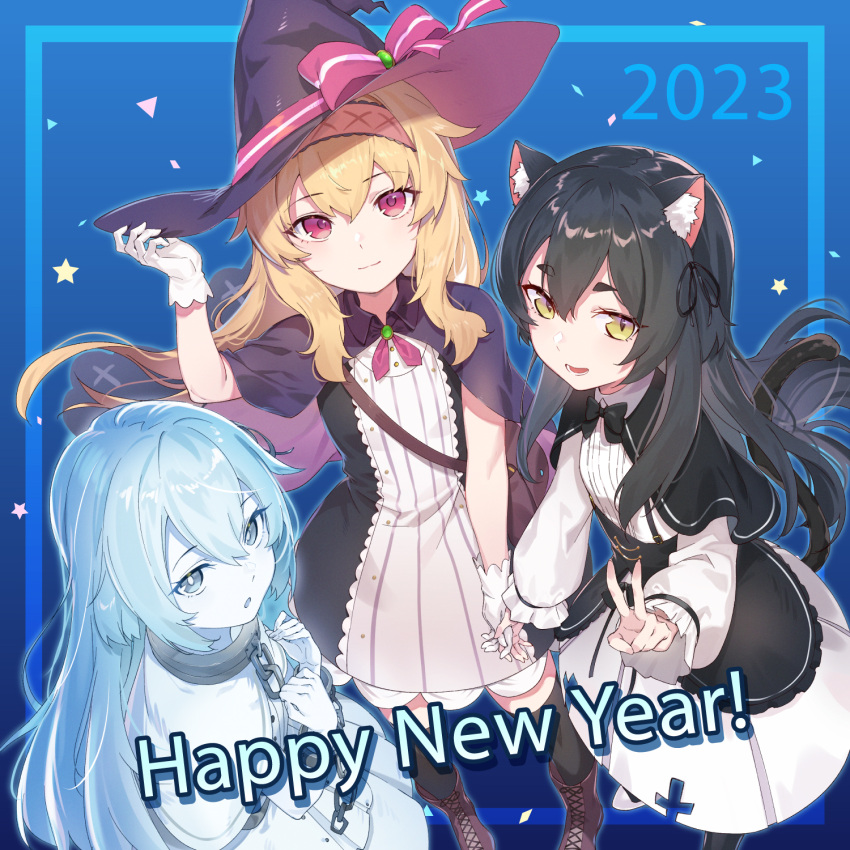 2023 3girls animal_ear_fluff animal_ears artist_request bag black_bow black_bowtie black_hair black_ribbon blonde_hair blue_eyes blue_hair blush boots bow bowtie capelet cat_ears cat_girl cat_tail chain colored_skin cuffs dress gloves gradient_background hair_between_eyes hair_ribbon hairband hands_up happy_new_year hat highres holding_hands humanization kuroneko_(little_witch_nobeta) little_witch_nobeta long_hair looking_at_viewer multiple_girls nobeta nonota_(little_witch_nobeta) open_mouth red_eyes ribbon shackles short_eyebrows shoulder_bag smile star_(symbol) striped striped_dress tail thigh-highs two-tone_dress v vertical-striped_dress vertical_stripes white_dress white_gloves white_skin witch_hat yellow_eyes