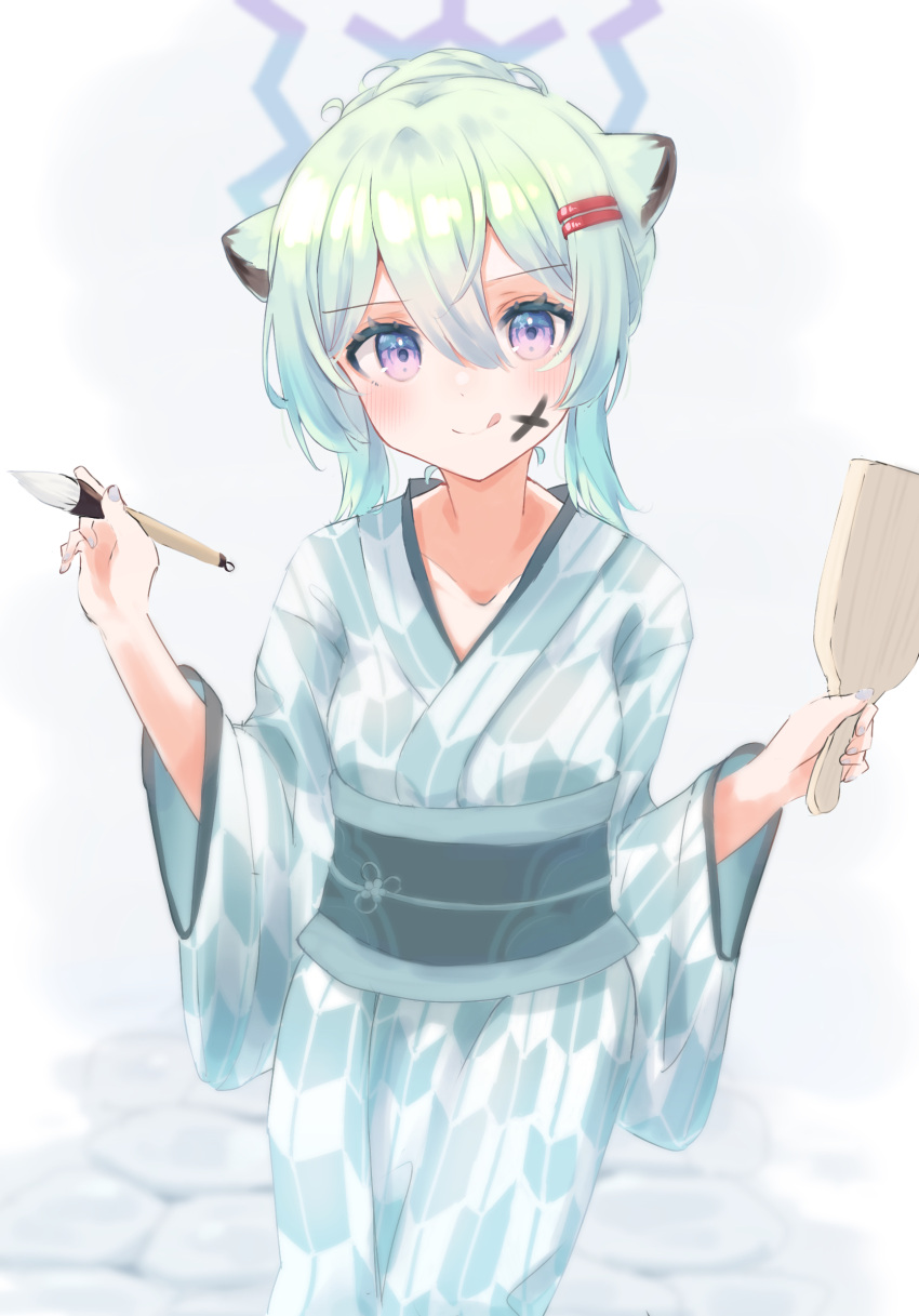 1girl :p animal_ears blue_archive blush commentary_request facepaint green_kimono hagoita hair_between_eyes hair_ornament hairclip halo highres holding holding_brush japanese_clothes kimono light_green_hair looking_at_viewer noko_(nco029685627) paddle shigure_(blue_archive) shigure_(hot_spring)_(blue_archive) short_hair simple_background solo stone_floor tongue tongue_out violet_eyes weasel_ears white_background yagasuri