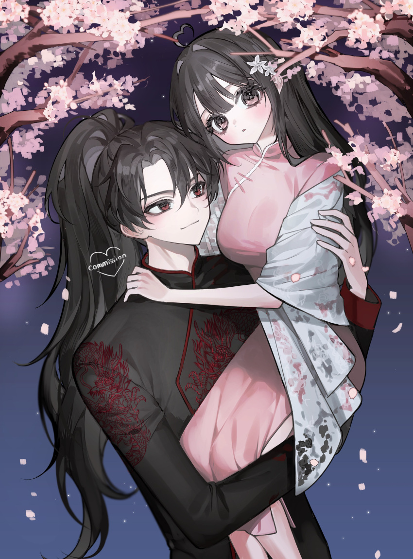 1boy 1girl absurdres ahoge arm_support bamme_o3o black_hair china_dress chinese_clothes commission dress heart heart_ahoge highres light_smile long_hair looking_at_viewer original outstretched_arm red_eyes sitting sitting_on_arm sitting_on_person