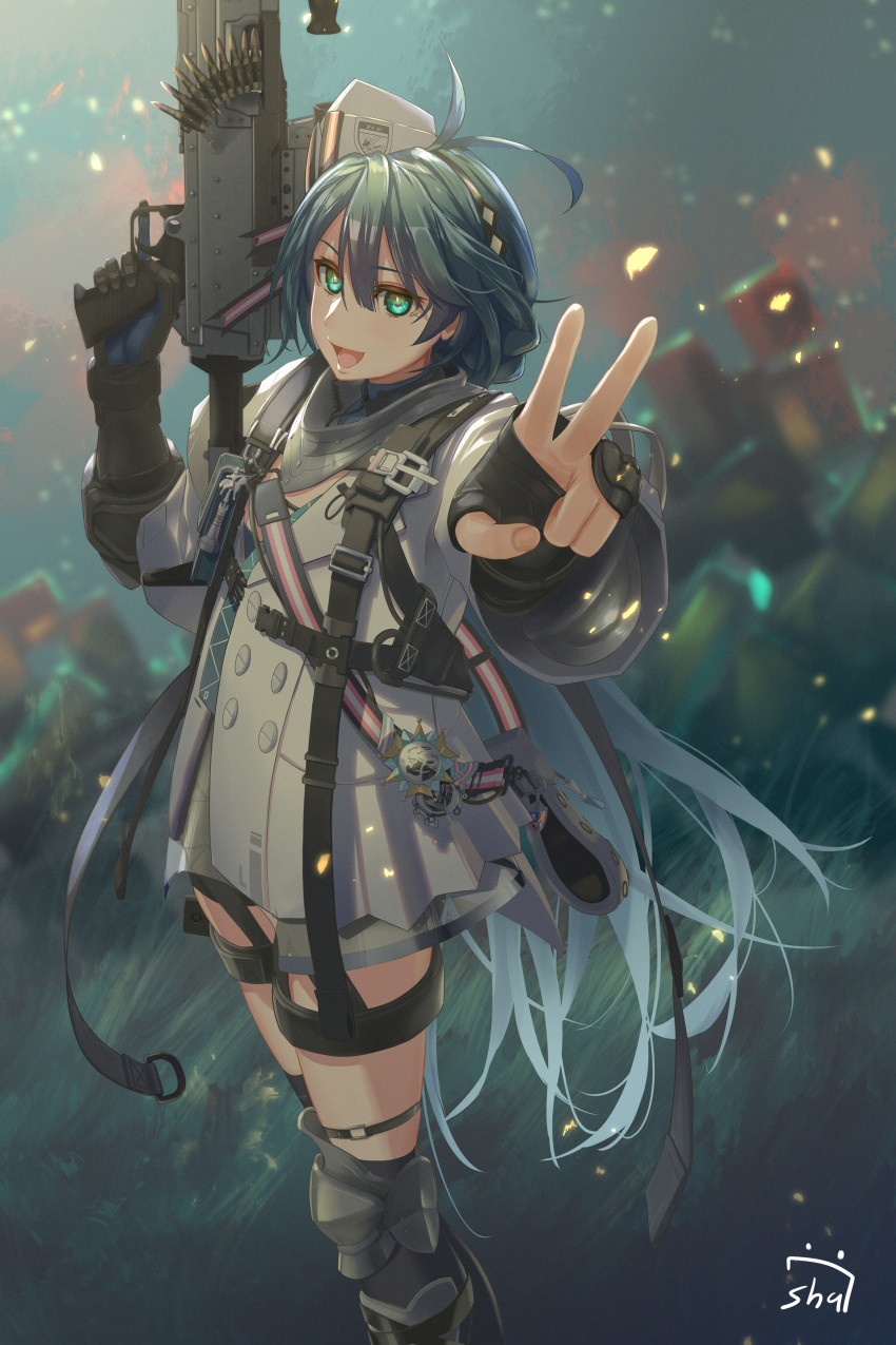 1girl :d absurdres ahoge ammunition_belt blue_eyes blue_hair commentary_request commission feet_out_of_frame fingerless_gloves girls_frontline gloves gun hat highres holding holding_gun holding_weapon jacket long_hair looking_at_viewer m240 m240l_(girls'_frontline) machine_gun open_mouth pixiv_commission shu70077 smile solo trigger_discipline v very_long_hair weapon white_jacket