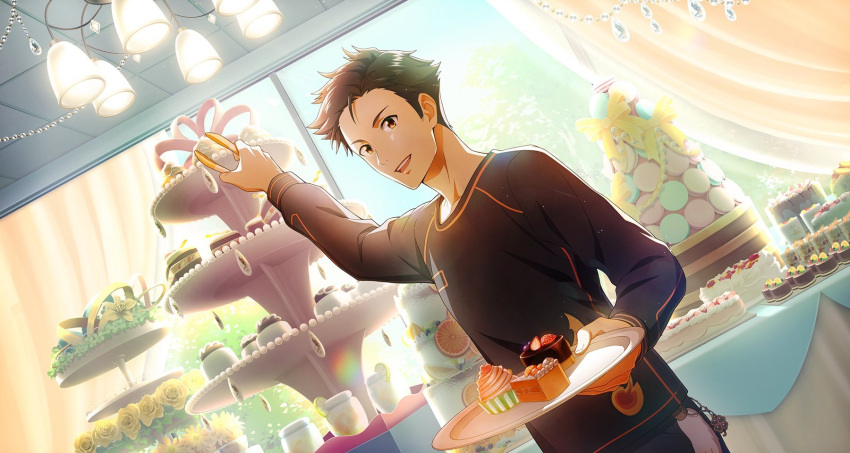 1boy black_hair black_shirt cake cake_slice cupcake dessert fingernails flame_print food highres holding holding_plate idolmaster idolmaster_side-m idolmaster_side-m_growing_stars kimura_ryu long_sleeves looking_at_viewer male_focus official_art open_mouth plate shirt solo sunlight teeth upper_teeth_only yellow_eyes
